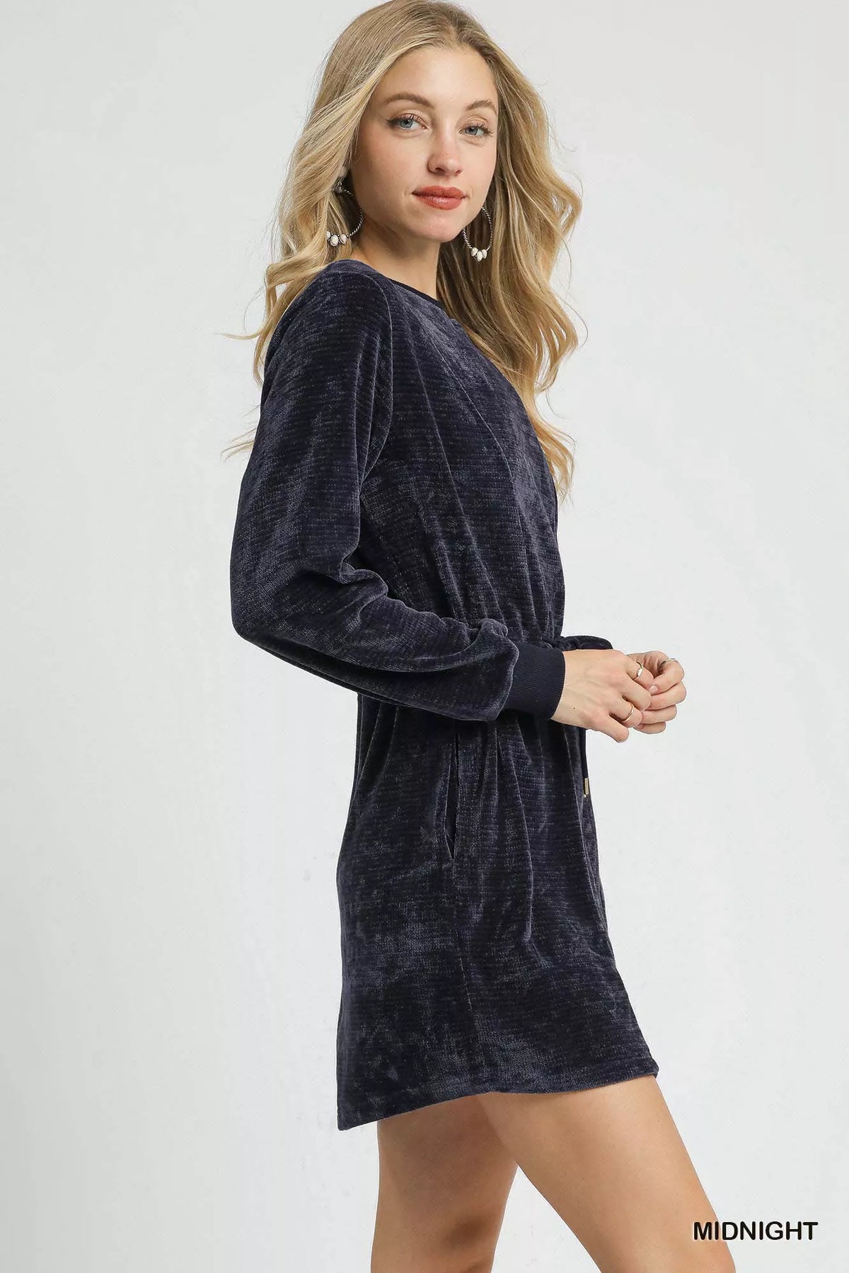 Midnight Blue Velour Drawstring Mini Dress