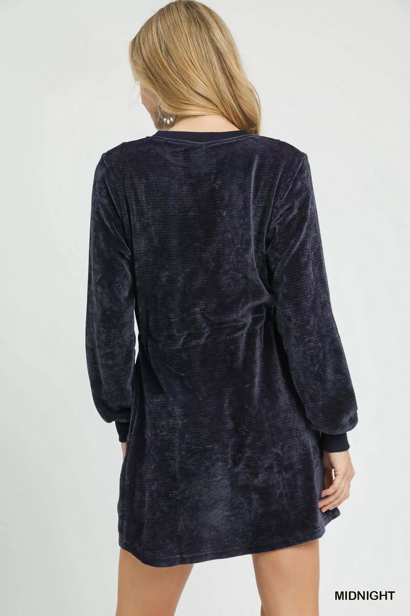Midnight Blue Velour Drawstring Mini Dress