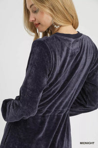 Midnight Blue Velour Drawstring Mini Dress