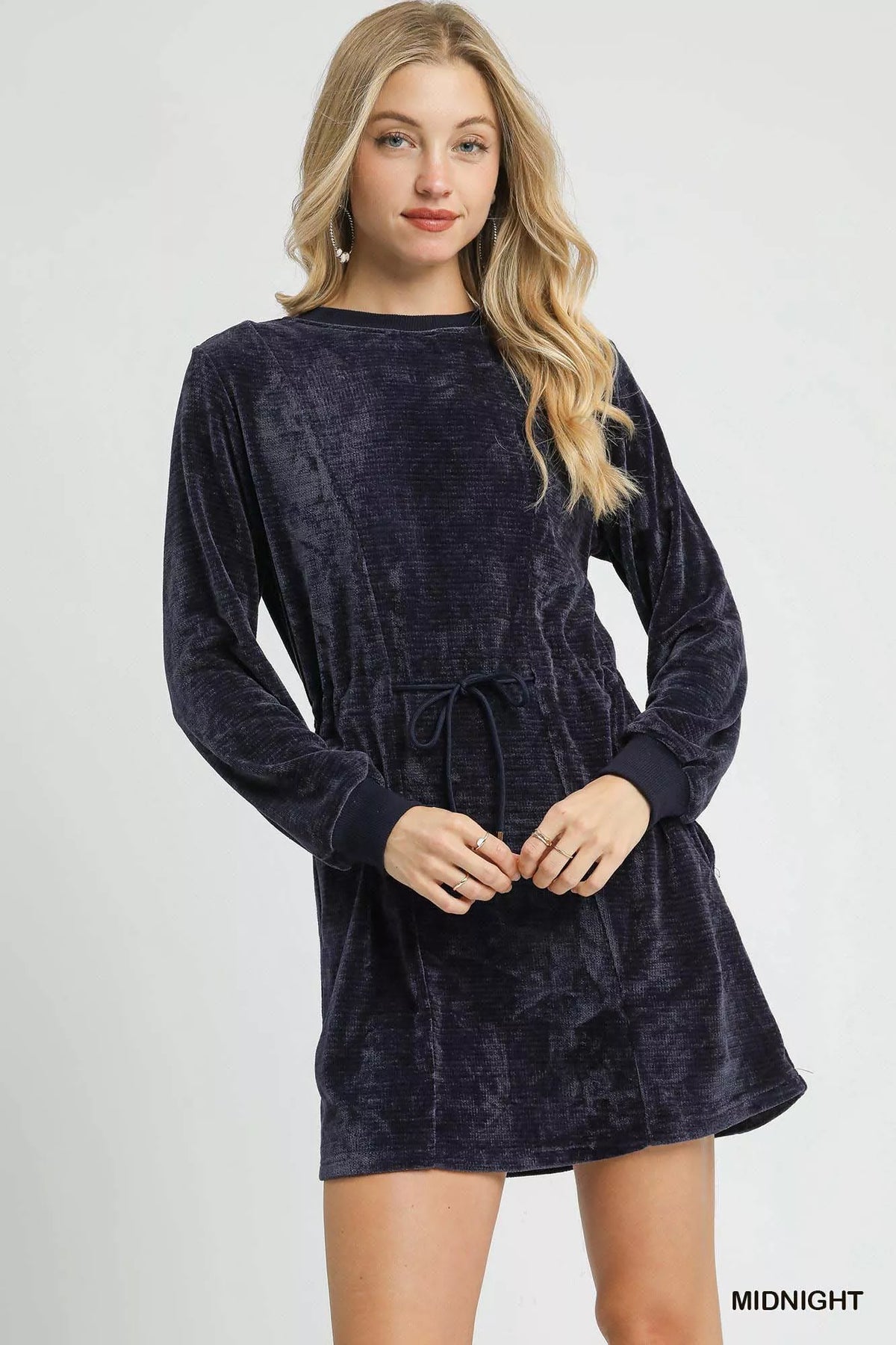 Midnight Blue Velour Drawstring Mini Dress