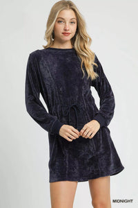 Midnight Blue Velour Drawstring Mini Dress