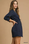 Midnight Drawstring Cable Knit Mini Dress-Midnight Blue Drawstring Cable Knit Mini Dress with Pockets. This cable knit mini dress features a drawstring waist and convenient pockets for a cozy look.