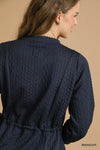 Midnight Drawstring Cable Knit Mini Dress-Midnight Blue Drawstring Cable Knit Mini Dress with Pockets. This cable knit mini dress features a drawstring waist and convenient pockets for a cozy look.