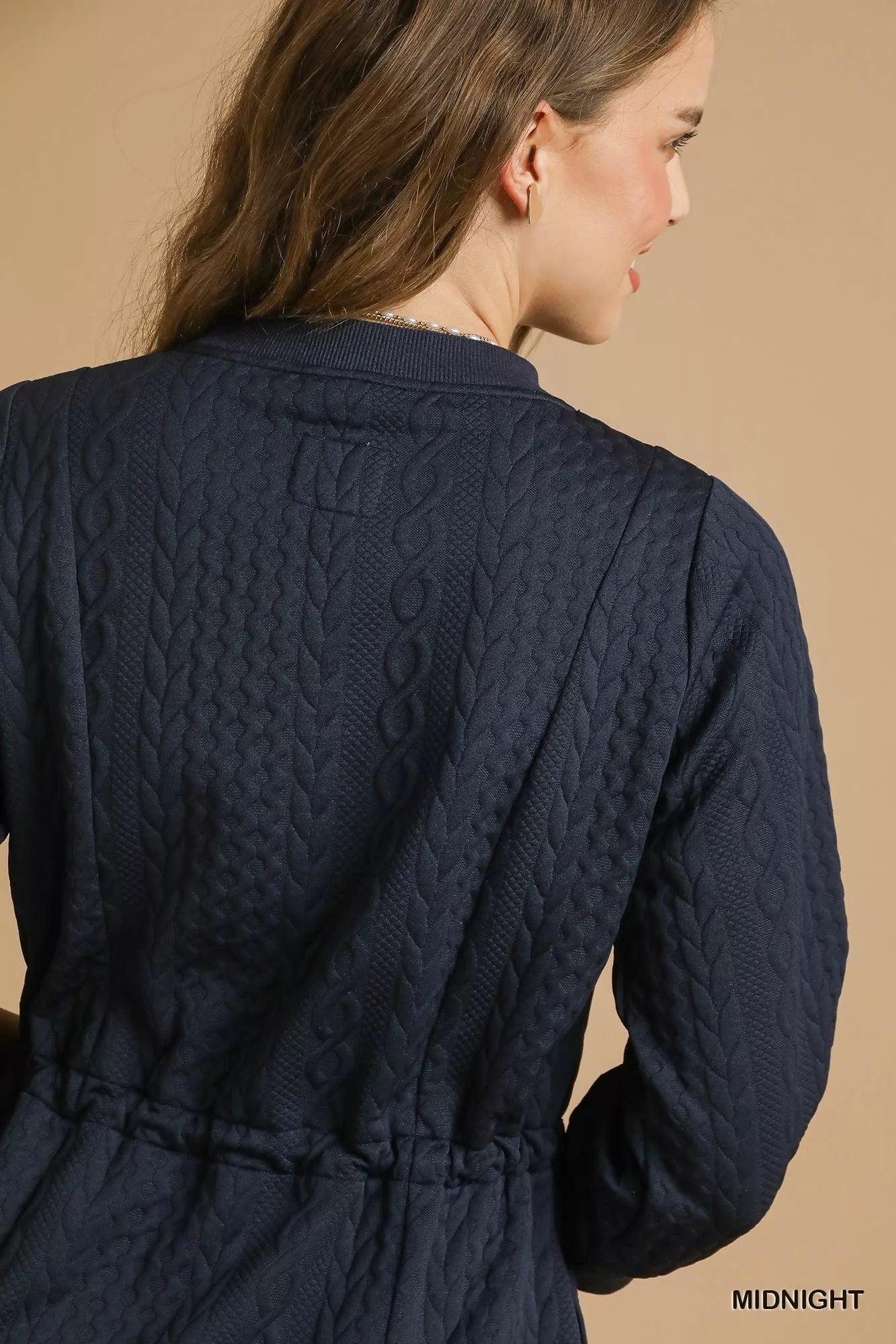 Midnight Drawstring Cable Knit Mini Dress-Midnight Blue Drawstring Cable Knit Mini Dress with Pockets. This cable knit mini dress features a drawstring waist and convenient pockets for a cozy look.