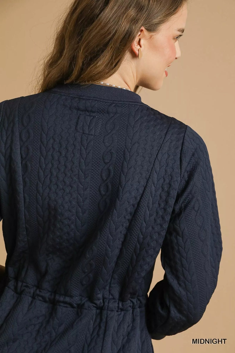 Midnight Drawstring Cable Knit Mini Dress-Midnight Blue Drawstring Cable Knit Mini Dress with Pockets. This cable knit mini dress features a drawstring waist and convenient pockets for a cozy look.