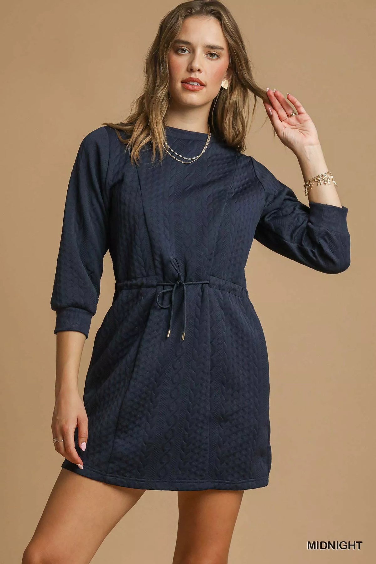 Midnight Drawstring Cable Knit Mini Dress-Midnight Blue Drawstring Cable Knit Mini Dress with Pockets. This cable knit mini dress features a drawstring waist and convenient pockets for a cozy look.