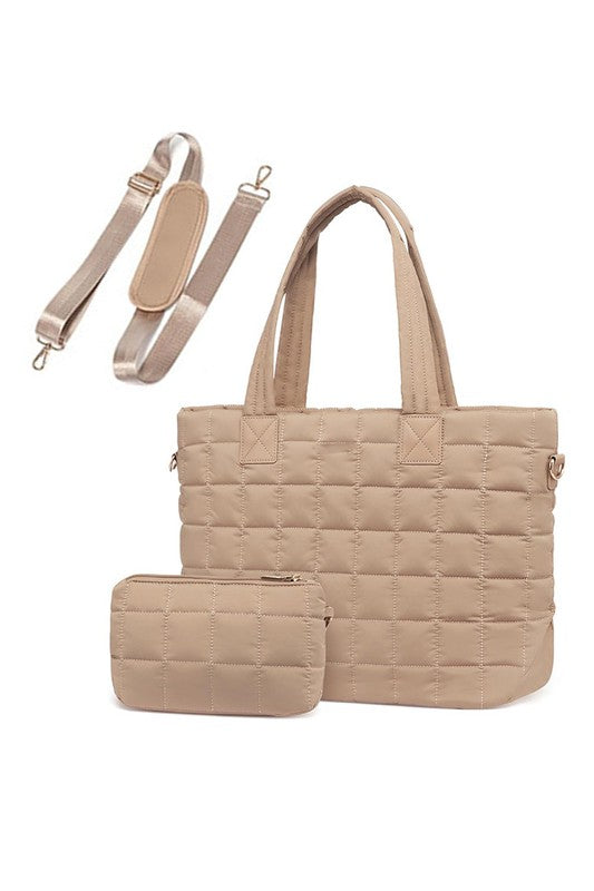 Quilted Traveler Tote with matching clutch. Oversized nylon tote with laptop sleeve & luggage strap. Great for work or travel