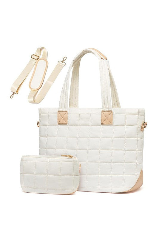 Quilted Traveler Tote with matching clutch. Oversized nylon tote with laptop sleeve & luggage strap. Great for work or travel