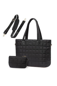 Quilted Traveler Tote with matching clutch. Oversized nylon tote with laptop sleeve & luggage strap. Great for work or travel