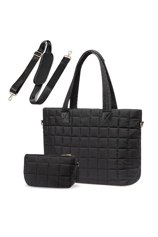 Quilted Traveler Tote with matching clutch. Oversized nylon tote with laptop sleeve & luggage strap. Great for work or travel