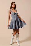 Mineral Washed Bow Ribbon Denim Flare Dress-Mineral washed denim flare dress with bow ribbon detail. Flattering silhouette with vintage vibes—perfect for casual days, brunch, or weekend outings.-Reef Love Boho-Chic Boutique