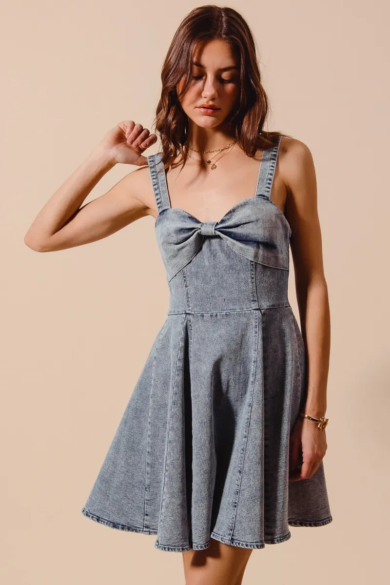 Mineral Washed Bow Ribbon Denim Flare Dress-Mineral washed denim flare dress with bow ribbon detail. Flattering silhouette with vintage vibes—perfect for casual days, brunch, or weekend outings.-Reef Love Boho-Chic Boutique