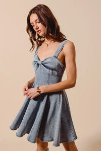 Mineral Washed Bow Ribbon Denim Flare Dress-Mineral washed denim flare dress with bow ribbon detail. Flattering silhouette with vintage vibes—perfect for casual days, brunch, or weekend outings.-Reef Love Boho-Chic Boutique