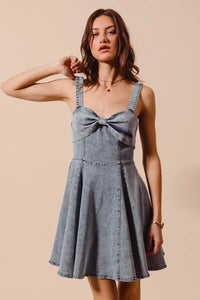Mineral Washed Bow Ribbon Denim Flare Dress-Mineral washed denim flare dress with bow ribbon detail. Flattering silhouette with vintage vibes—perfect for casual days, brunch, or weekend outings.-Reef Love Boho-Chic Boutique