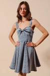 Mineral Washed Bow Ribbon Denim Flare Dress-Mineral washed denim flare dress with bow ribbon detail. Flattering silhouette with vintage vibes—perfect for casual days, brunch, or weekend outings.-Reef Love Boho-Chic Boutique