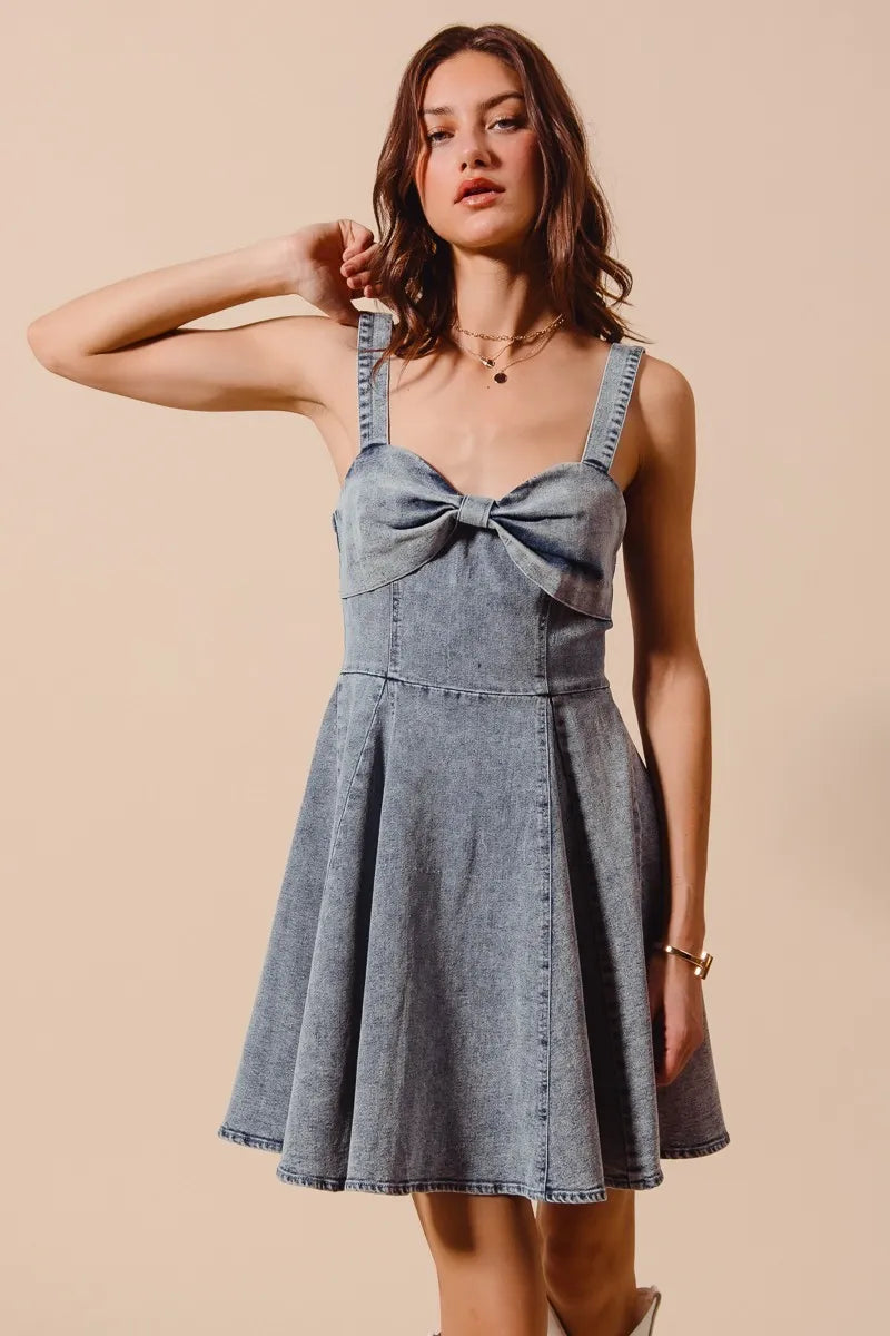 Mineral Washed Bow Ribbon Denim Flare Dress-Mineral washed denim flare dress with bow ribbon detail. Flattering silhouette with vintage vibes—perfect for casual days, brunch, or weekend outings.-Reef Love Boho-Chic Boutique