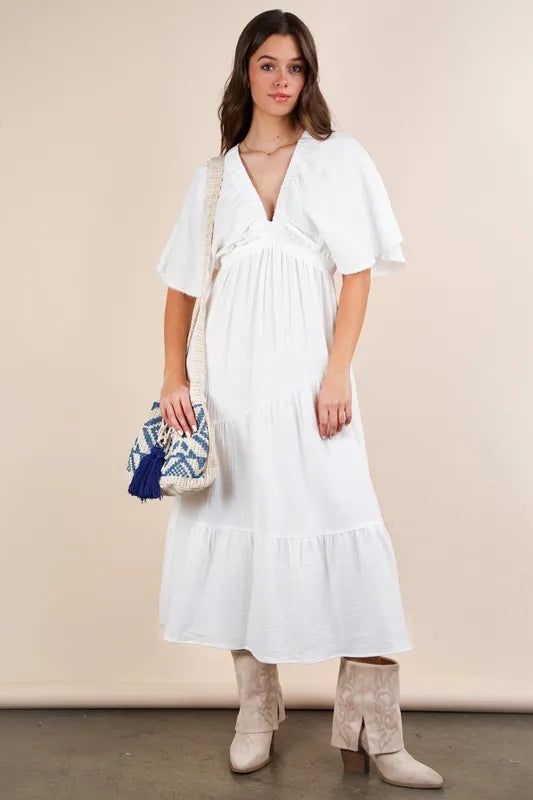 Mineral Washed Elastic Neck Raw Hem Midi Dress, White-The White Mineral Washed Elastic Neck Detail Raw Hem Midi Dress is a versatile and chic option for any occasion. This dress features a flattering midi length.-Reef Love Boho-Chic Boutique