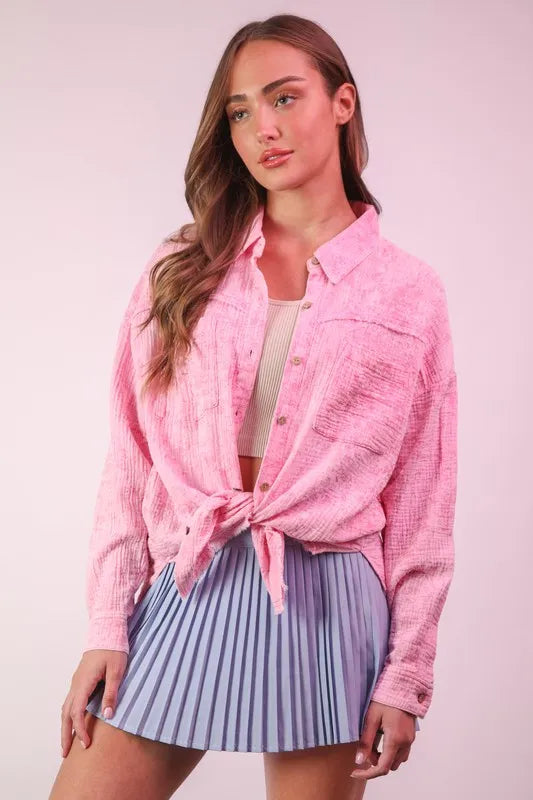 Women's Pink Mineral Washed Gauze Button Down Shirt Top is versatile with relaxed vibe. The mineral washed finish gives it a slightly vintage look. 