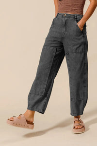Shop Mineral Washed Mid Rise Barrel Shape Pants-Elevate your look with mineral washed barrel shape pants featuring a trendy curved leg silhouette, vintage-wash finish. 100% cotton comfort meets street style.-available at Reef Love online boho-chic boutique