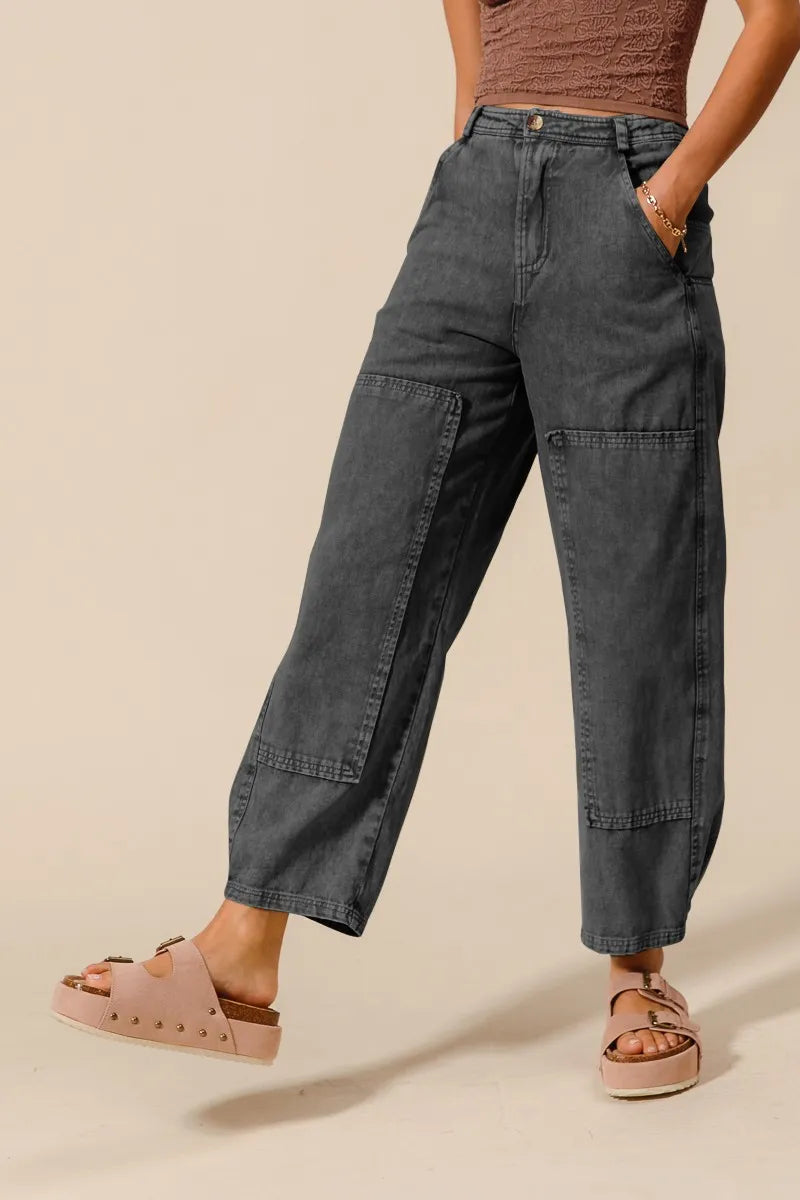 Shop Mineral Washed Mid Rise Barrel Shape Pants-Elevate your look with mineral washed barrel shape pants featuring a trendy curved leg silhouette, vintage-wash finish. 100% cotton comfort meets street style.-available at Reef Love online boho-chic boutique