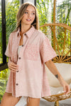 Shop Mineral Washed Pink Leopard Short Sleeve Button Up Top-The mineral washed pink leopard print short sleeve button up top is trendy and edgy, with a vintage look, while the leopard print adds a trendy element. -available at Reef Love online boho-chic boutique
