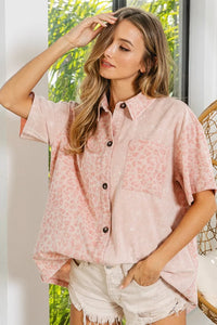 Shop Mineral Washed Pink Leopard Short Sleeve Button Up Top-The mineral washed pink leopard print short sleeve button up top is trendy and edgy, with a vintage look, while the leopard print adds a trendy element. -available at Reef Love online boho-chic boutique