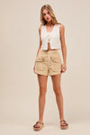 Shop Mineral Washed Terry High Rise Cargo Shorts-High rise cargo shorts with utility pockets in mineral-washed beige. Soft cotton blend, relaxed fit—perfect for casual summer looks and everyday comfort.-available at Reef Love online boho-chic boutique