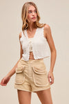 Shop Mineral Washed Terry High Rise Cargo Shorts-High rise cargo shorts with utility pockets in mineral-washed beige. Soft cotton blend, relaxed fit—perfect for casual summer looks and everyday comfort.-available at Reef Love online boho-chic boutique