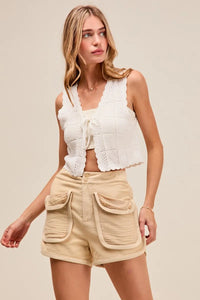 Shop Mineral Washed Terry High Rise Cargo Shorts-High rise cargo shorts with utility pockets in mineral-washed beige. Soft cotton blend, relaxed fit—perfect for casual summer looks and everyday comfort.-available at Reef Love online boho-chic boutique