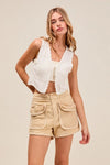 Shop Mineral Washed Terry High Rise Cargo Shorts-High rise cargo shorts with utility pockets in mineral-washed beige. Soft cotton blend, relaxed fit—perfect for casual summer looks and everyday comfort.-available at Reef Love online boho-chic boutique