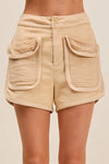 Shop Mineral Washed Terry High Rise Cargo Shorts-High rise cargo shorts with utility pockets in mineral-washed beige. Soft cotton blend, relaxed fit—perfect for casual summer looks and everyday comfort.-available at Reef Love online boho-chic boutique