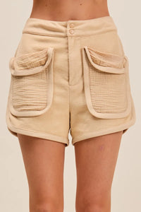 Shop Mineral Washed Terry High Rise Cargo Shorts-High rise cargo shorts with utility pockets in mineral-washed beige. Soft cotton blend, relaxed fit—perfect for casual summer looks and everyday comfort.-available at Reef Love online boho-chic boutique