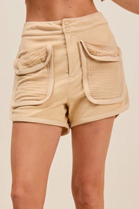 Shop Mineral Washed Terry High Rise Cargo Shorts-High rise cargo shorts with utility pockets in mineral-washed beige. Soft cotton blend, relaxed fit—perfect for casual summer looks and everyday comfort.-available at Reef Love online boho-chic boutique