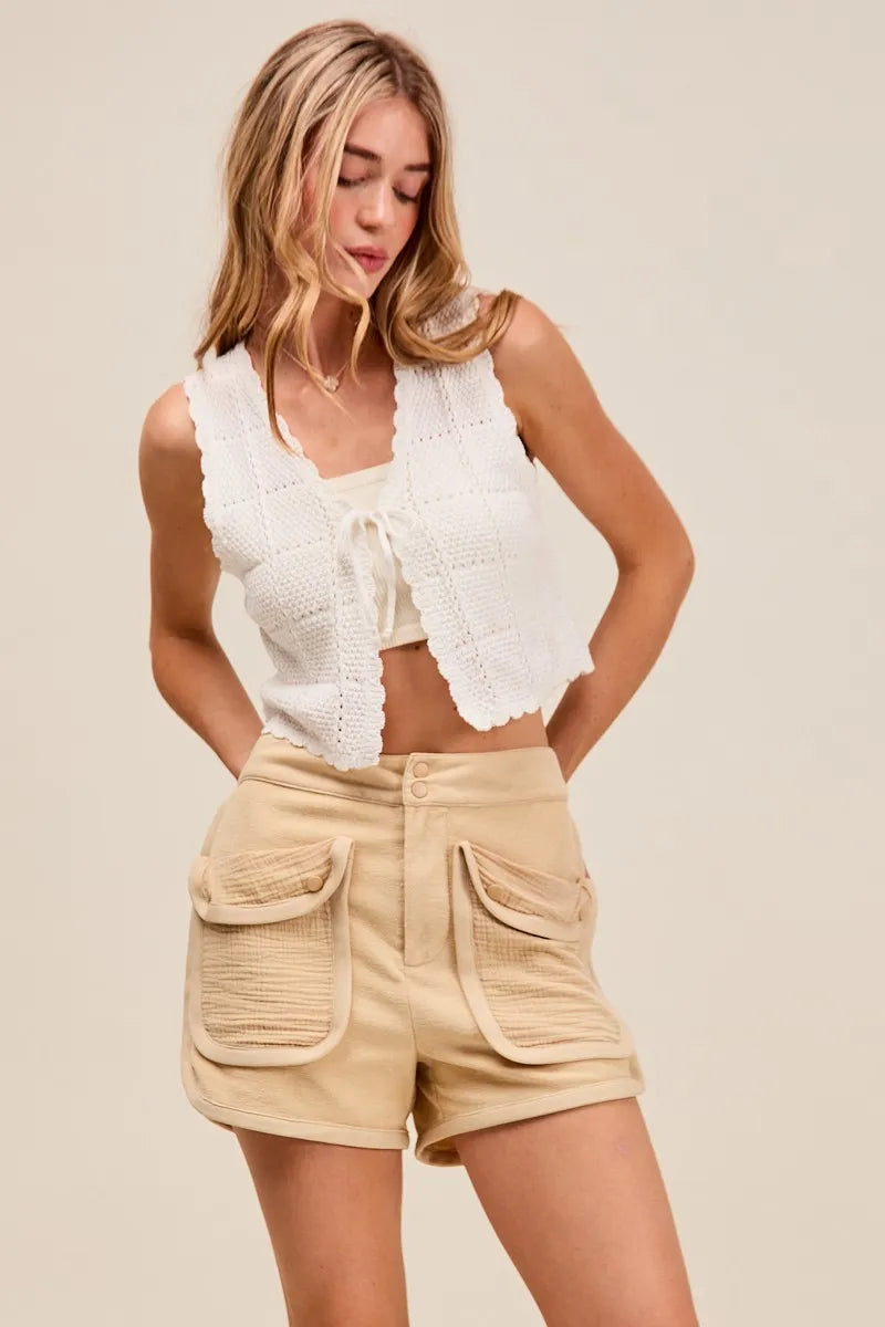 Shop Mineral Washed Terry High Rise Cargo Shorts-High rise cargo shorts with utility pockets in mineral-washed beige. Soft cotton blend, relaxed fit—perfect for casual summer looks and everyday comfort.-available at Reef Love online boho-chic boutique