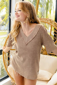 Mineral Washed V-Neck Cut Edge Detail Top-Mineral Washed V-Neck Cut Edge Detail Top. The mineral washed V-neck cut edge detail top is a casual and edgy addition to your everyday wardrobe. 