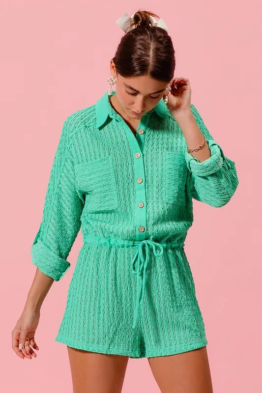 Mint Textured Knit Button Front Romper