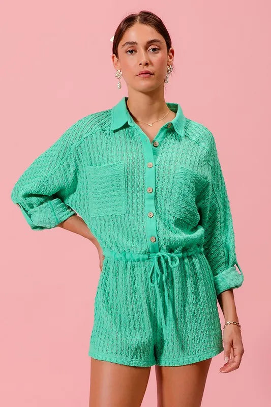 Mint Textured Knit Button Front Romper