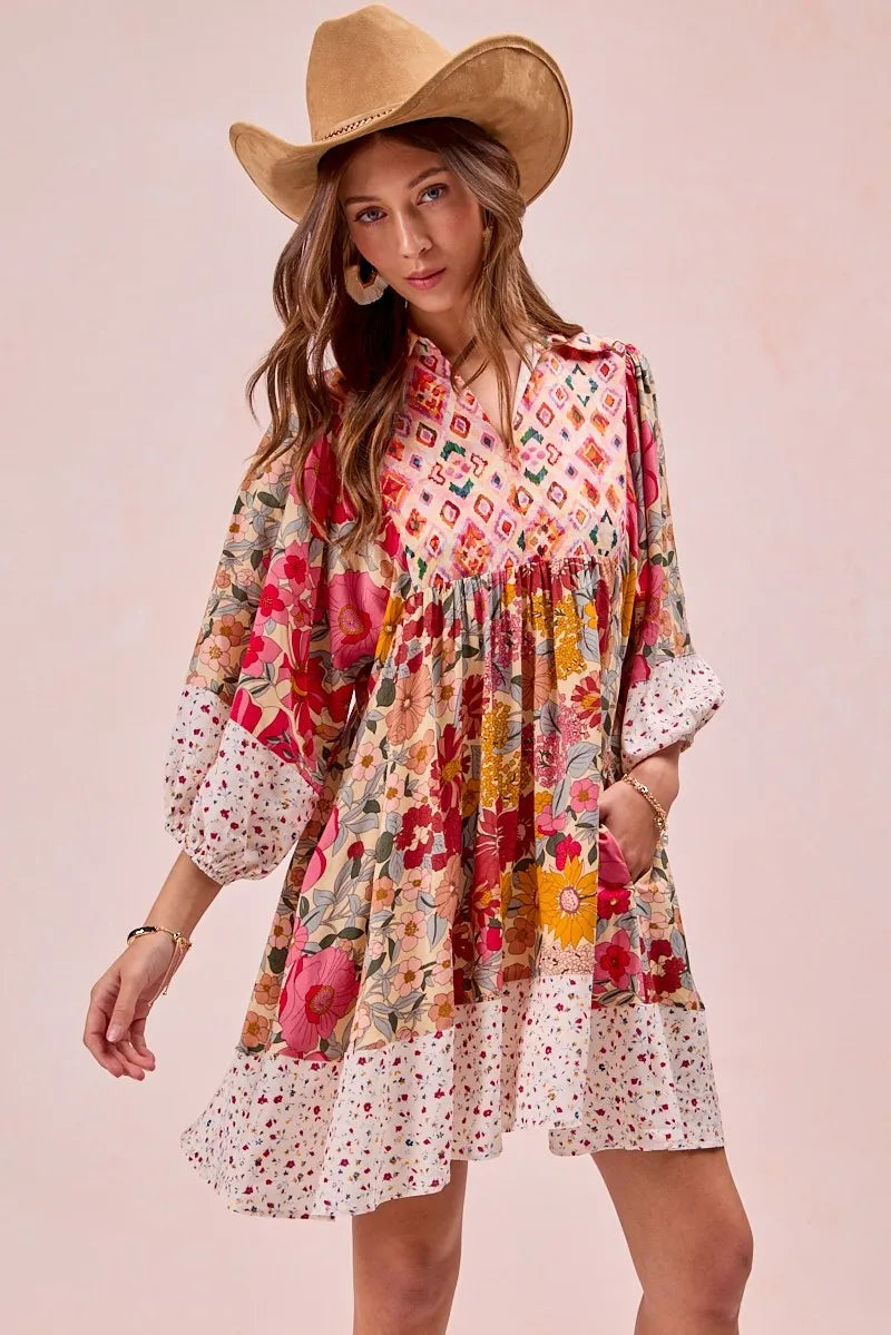 Mix And Match Print Bubble Sleeve Mini Dress-Effortless boho-chic style with the Mix and Match Print Bubble Sleeve Mini Dress. Combo of floral, geometric, and polka dot patchwork prints in warm tones.-Reef Love Boho-Chic Boutique