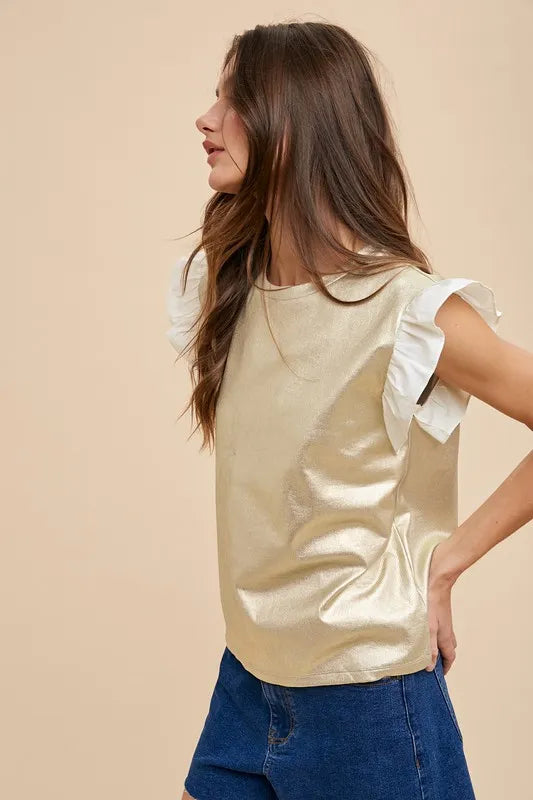 Mix Media Metallic Knit Ruffle Sleeve Top