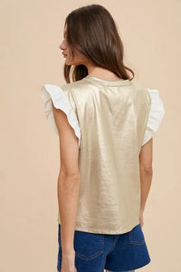 Mix Media Metallic Knit Ruffle Sleeve Top