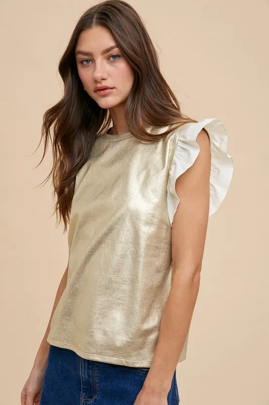 Mix Media Metallic Knit Ruffle Sleeve Top