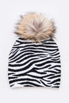 Mix Print Raccoon Fur Detachable Pom Iconic Beanie