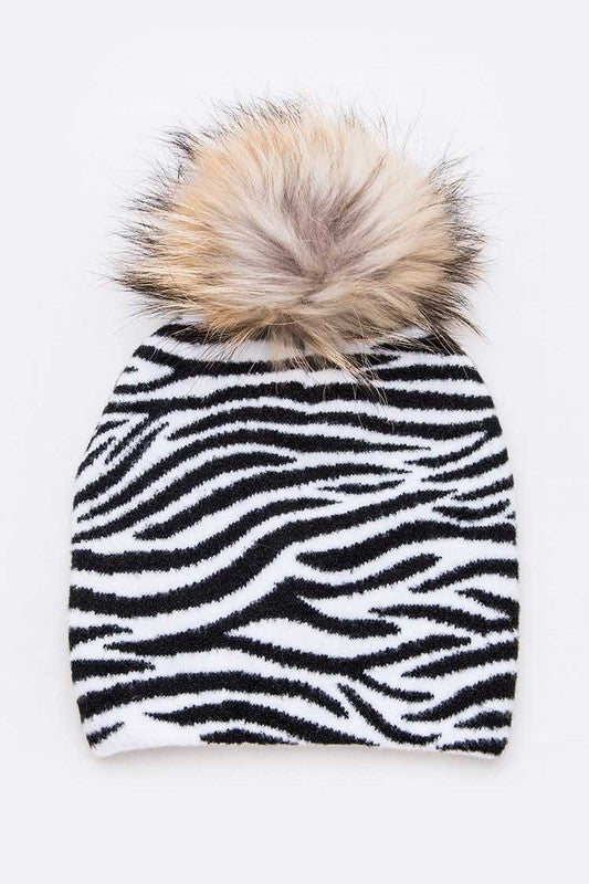 Mix Print Raccoon Fur Detachable Pom Iconic Beanie