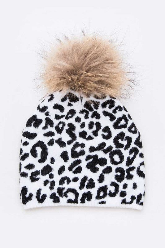 Mix Print Raccoon Fur Detachable Pom Iconic Beanie