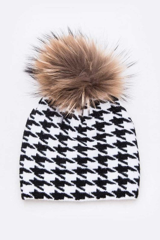 Mix Print Raccoon Fur Detachable Pom Iconic Beanie