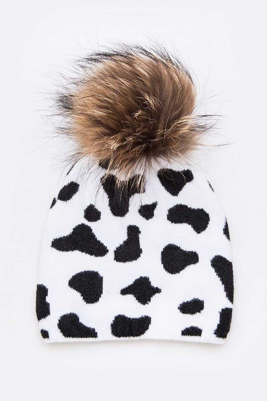 Mix Print Raccoon Fur Detachable Pom Iconic Beanie