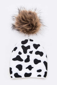 Mix Print Raccoon Fur Detachable Pom Iconic Beanie