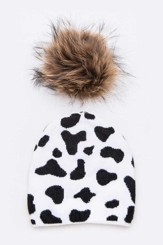 Mix Print Raccoon Fur Detachable Pom Iconic Beanie