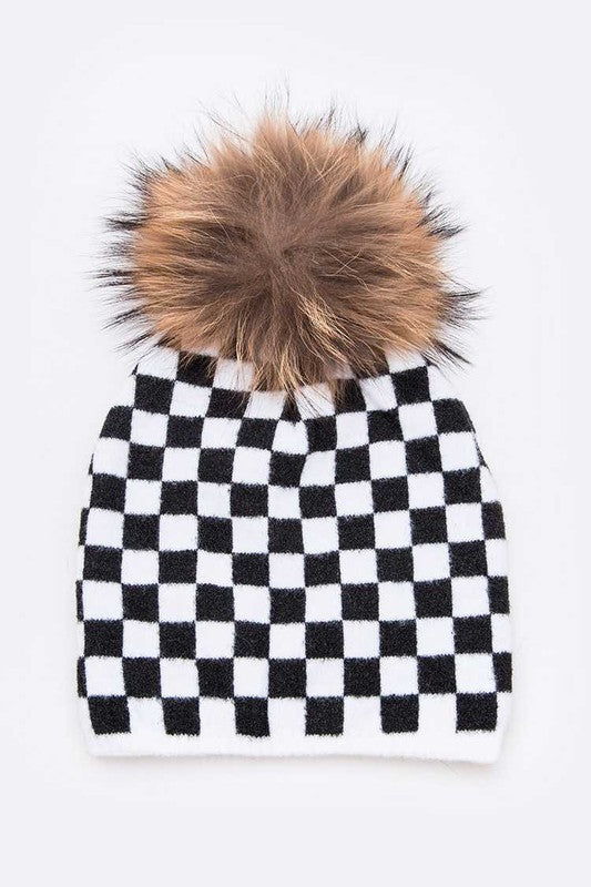 Mix Print Raccoon Fur Detachable Pom Iconic Beanie