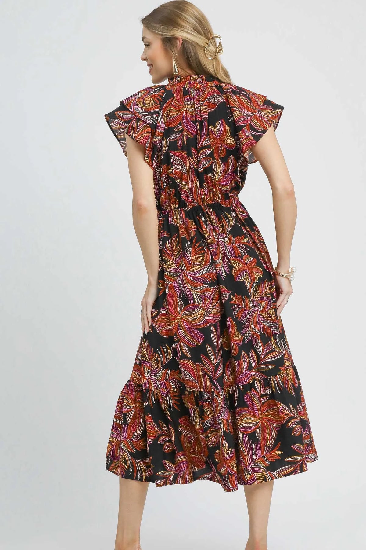 Mix Ruffle Sleeve Tropical Midi Dress-Tropical print women's midi dress. Featuring a bold leaf pattern in rich autumn tones of orange, red, and brown against a sleek black background, with flowy fabric.-Reef Love Boho-Chic Boutique